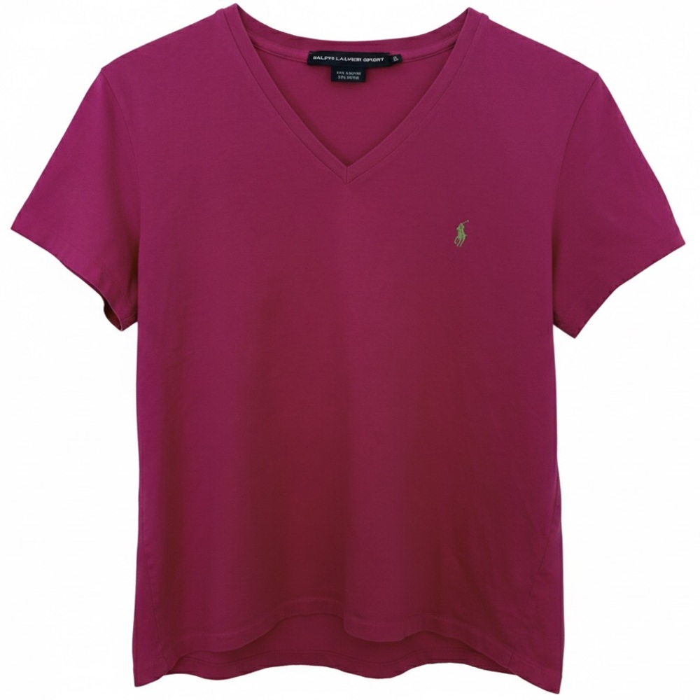🔴 Vintage 90s Ralph Lauren Sport Magenta V-Neck Tee EUC XL